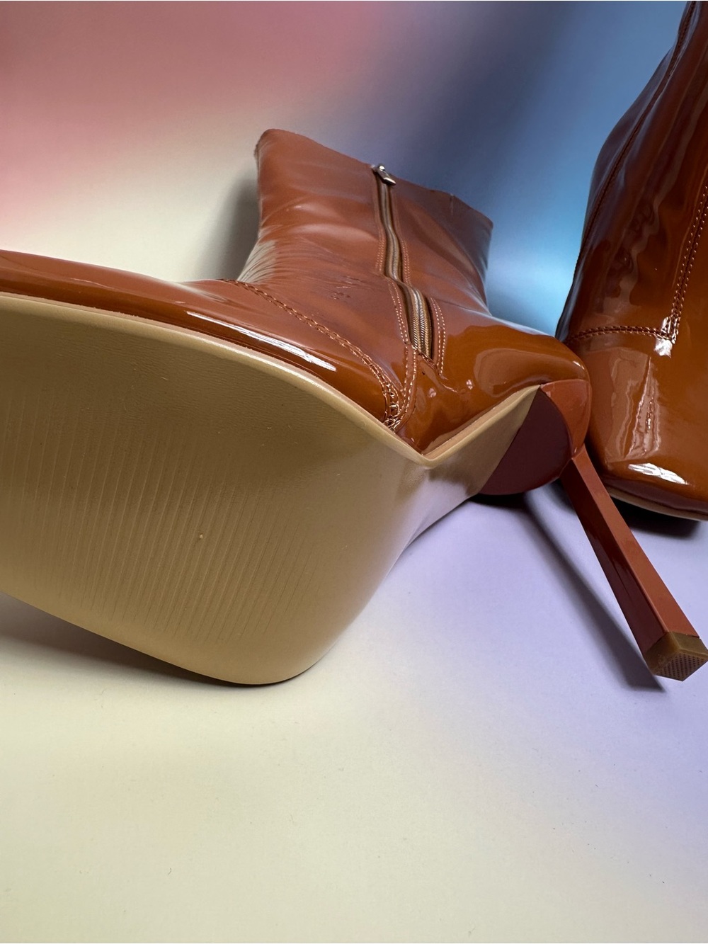 Cape Robbin Glossy Cognac Patent Mid-Calf Stiletto Boots - Picture 4 of 6